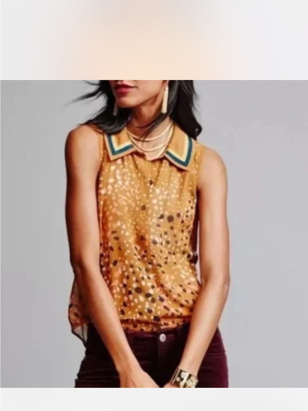 Cabi Cheers Blouse Large Mustard Abstract Dot Sleeveless Button Front